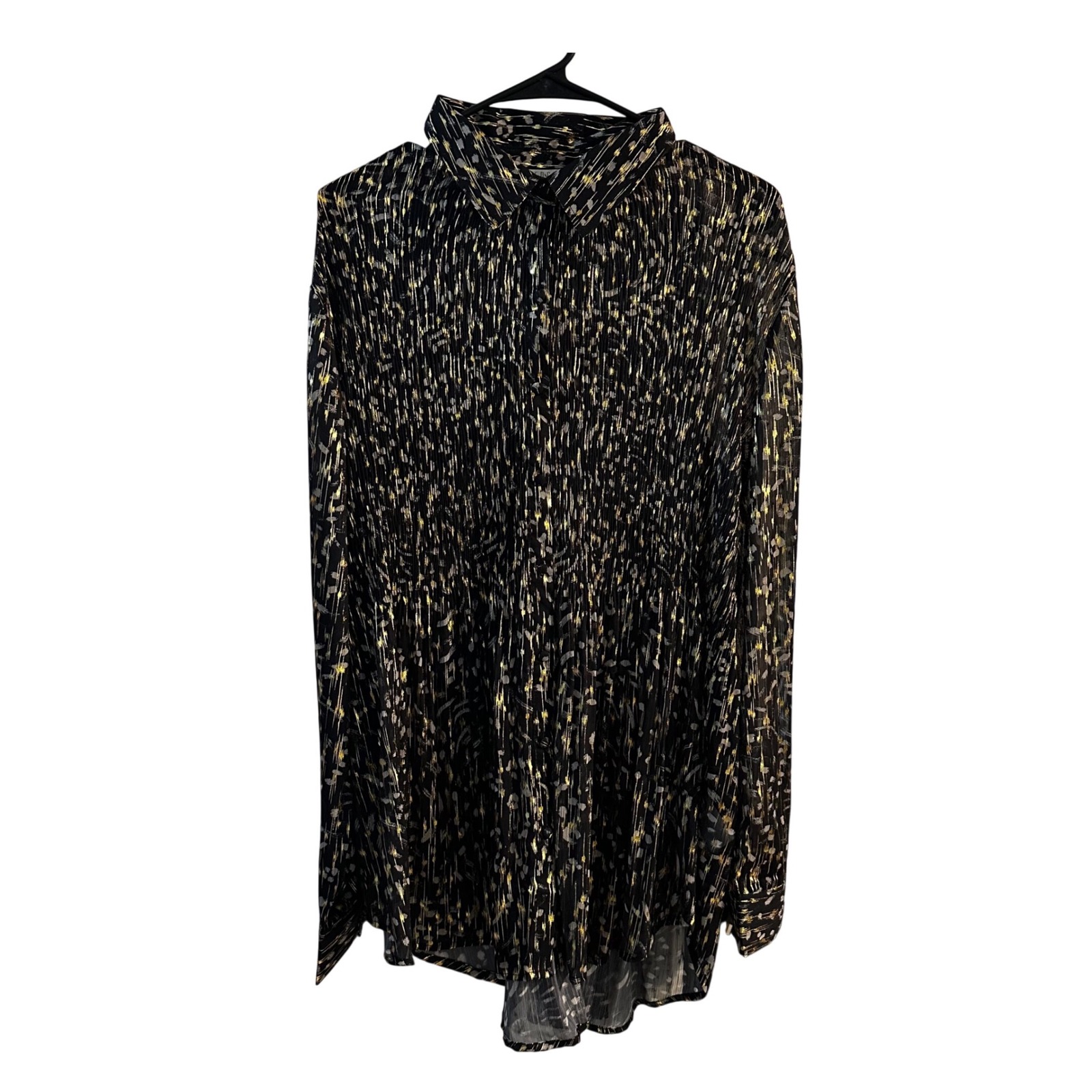 Spense Women's Xl Black Gold Metallic Pleated Abstract Print Button Down Blouse